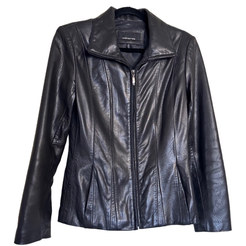 Jones New York Leather Jacket Womens Small Black Soft Lined Full Zip Biker
